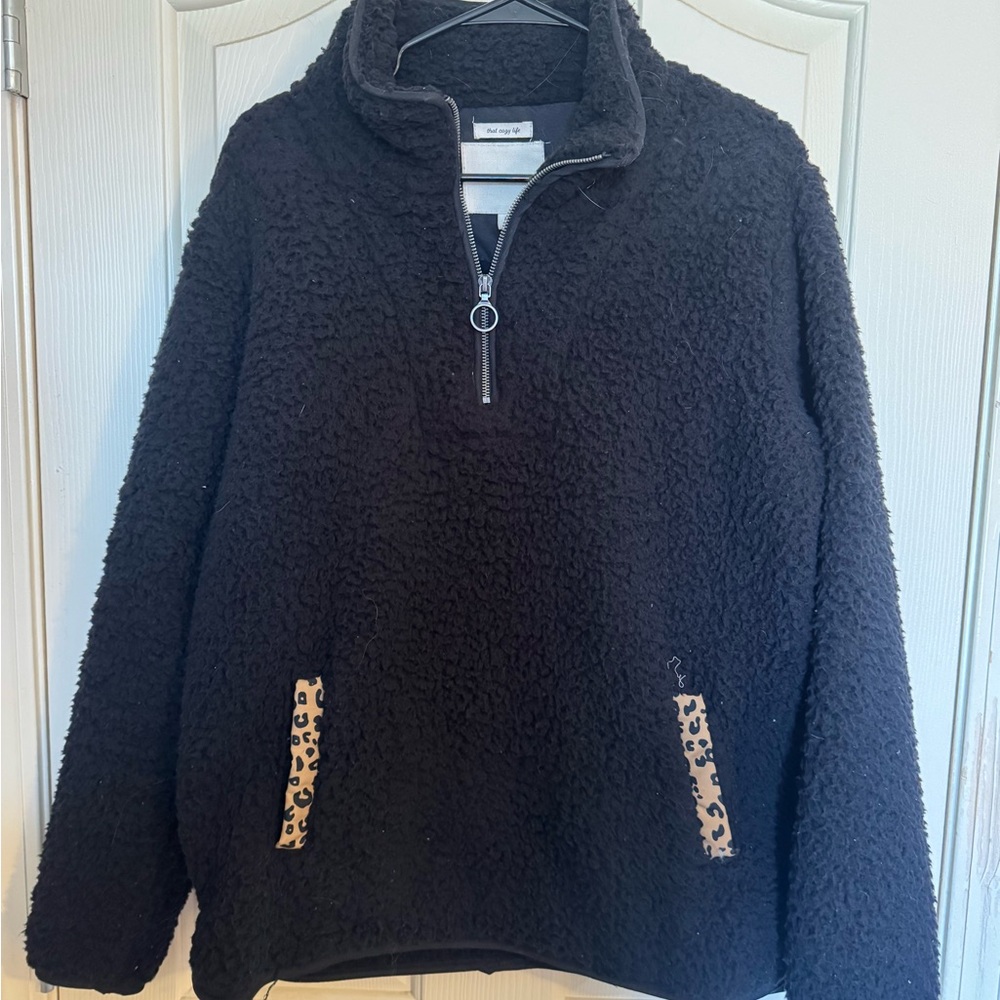 Thread & Supply Black Sherpa Half-Zip Hoodie with Leopard Trim